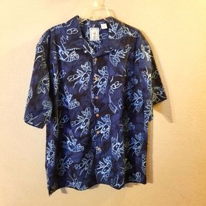 Roundtree & Yorke Mens Blue Tropical Short Sleeve Button Up Shirt Size Large